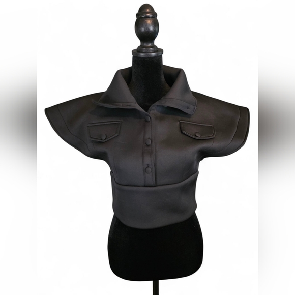 Black Structured Cropped Top Jacket Sz S Polyester Blend Cosplay Costume Drama - Picture 1 of 8